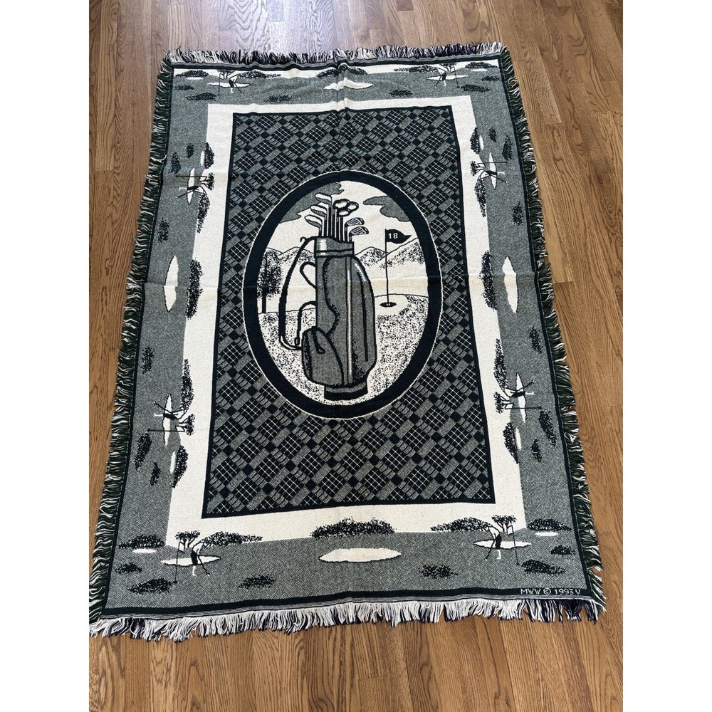Vtg MWW Golf Woven Throw Blanket Green And White 1993